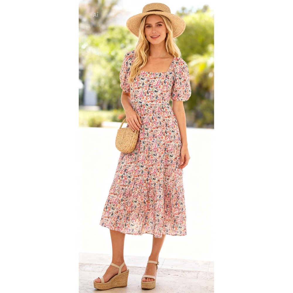 EUC Adelyn Rae size M Floral Smocked Ruffle Midi Dress Square-neck Puff sleeve